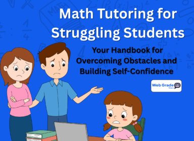 Illustration of a worried mother and father standing beside their child struggling with math homework on a laptop, representing math tutoring for struggling students with WebGrade Tutors