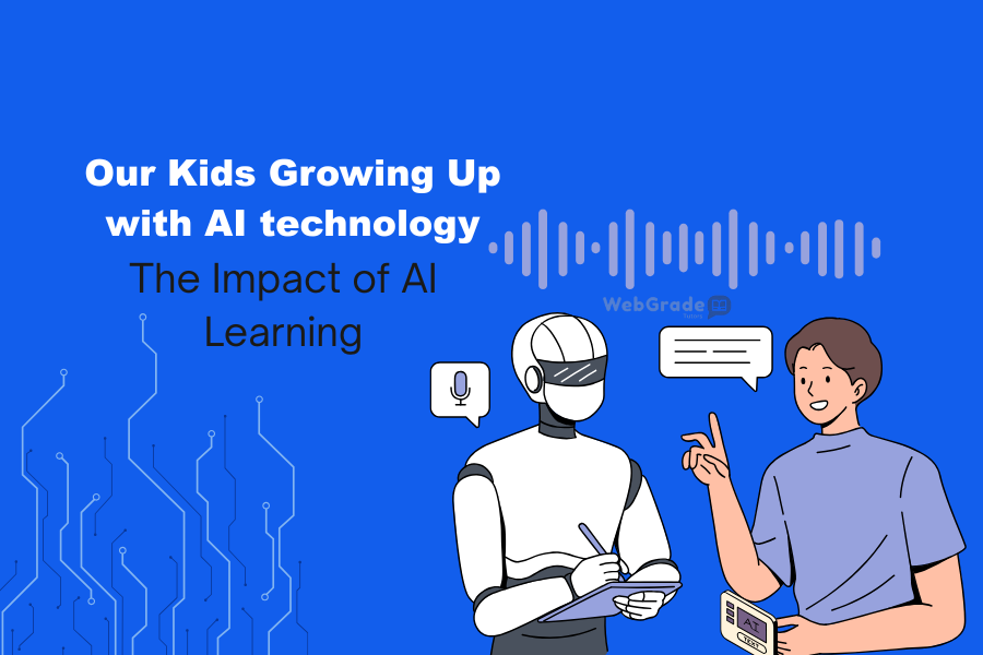 In illustration Student with robot symbolizing the impacts of AI technology and personalized AI learning — representing how WebGrade Tutors supports education through AI support.