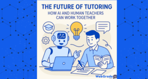 AI Learning Tools and human teacher collaborating with student using interactive learning tools in a modern classroom helping Advance Technology, Math AI, Use of AI in Science and Use Of English AI.