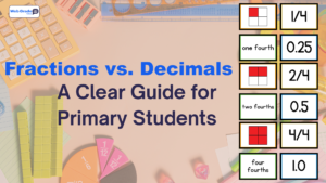 Illustration comparing fractions and decimals with visual math examples, showing how private tutoring helps primary students master fractions vs decimals.