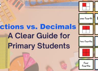 Fractions vs. Decimals guide for primary students – visual comparison with fraction blocks, fractions, decimals, and math tools in the background.