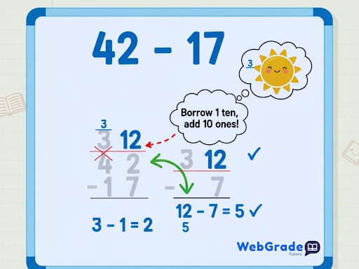 Student practicing basic math operations addition,subtraction, multiplication and division to solve a math problem with WebGrade Tutors.