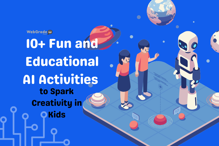 A friendly AI robot standing with smiling kids against a vibrant universe background, symbolizing creativity, knowledge, through WebGrade Tutors’ AI activities and machine learning programs.