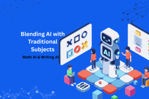 An AI robot teaching students math and writing concepts through digital learning tools, representing WebGrade Tutors blend of AI, Math, and Writing education.