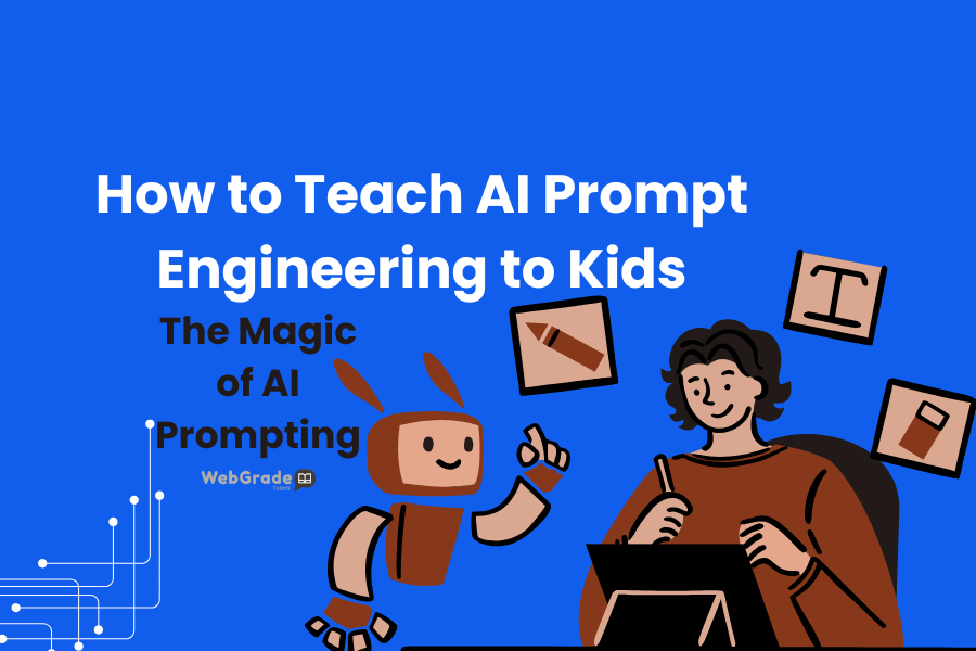 A friendly AI robot guiding a student through digital learning tools, representing AI prompts engineering, AI learning, and WebGrade Tutors.