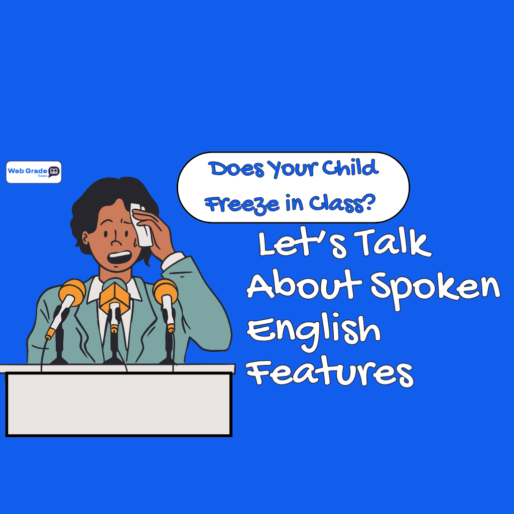 Illustration shows a confused student sitting at a desk, struggling to spoken English features, with text highlighting how WebGrade Tutors supports students through online tutoring to master Spoken English features in speaking English