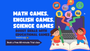 Illustration showing kids playing educational games, math games, English games,and science games, used to support online learning