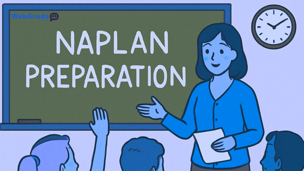 in illustration Teacher explaining NAPLAN preparation to students in a classroom, guiding them toward better NAPLAN 2025 results aligned with the Australian curriculum.