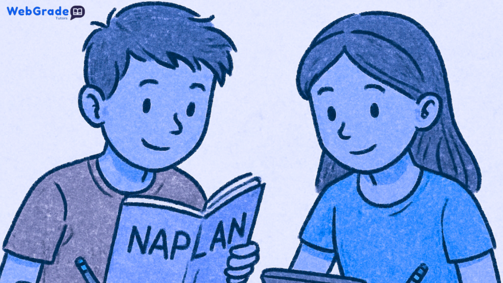IN illustration Two students discussing NAPLAN 2025 preparation strategies and sharing study tips for improving NAPLAN results within the Australian curriculum.