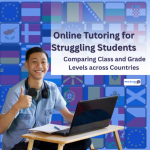Smiling student giving thumbs up during an online tutoring session, laptop open, with international flags in the background — symbolizing global education and grade comparison across countries.