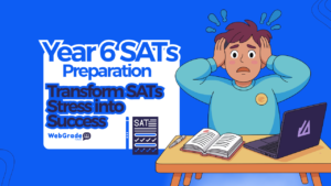 In illustration Year 6 SATs preparation student studying with laptop, notebook, and pen need help for transforming SATs stress into success with WebGrade Tutors.