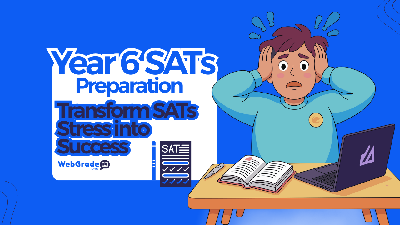 In illustration Year 6 SATs preparation student studying with laptop, notebook, and pen need help for transforming SATs stress into success with WebGrade Tutors.