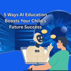 A student on a laptop with an AI robot, exploring AI education for kids, showcasing AI learning, kids and AI, teaching AI to children, AI skills for students, personalized AI tutoring, artificial intelligence for children, tech literacy for kids, AI in education, coding for kids, future-ready skills, problem-solving with AI, and creative AI projects with WebGrade Tutors’ logo.