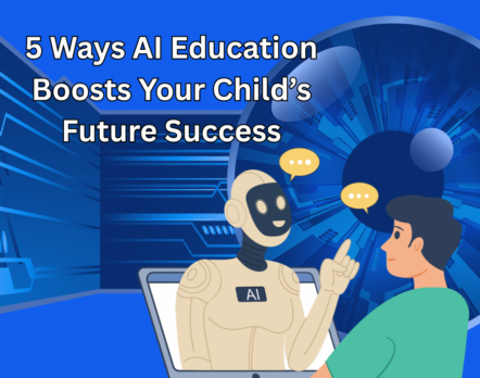 A student on a laptop with an AI robot, exploring AI education for kids, showcasing AI learning, kids and AI, teaching AI to children, AI skills for students, personalized AI tutoring, artificial intelligence for children, tech literacy for kids, AI in education, coding for kids, future-ready skills, problem-solving with AI, and creative AI projects with WebGrade Tutors’ logo.