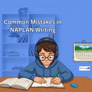 Student focused on writing, highlighting common mistakes NAPLAN writing, vocabulary building for writing exam, grammar issues in persuasive writing, guided by WebGrade tutors.