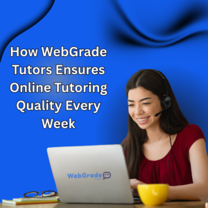 Online tutoring quality assurance by WebGrade Tutors expert during live session with laptop and mic, ensuring personalized learning and student progress.