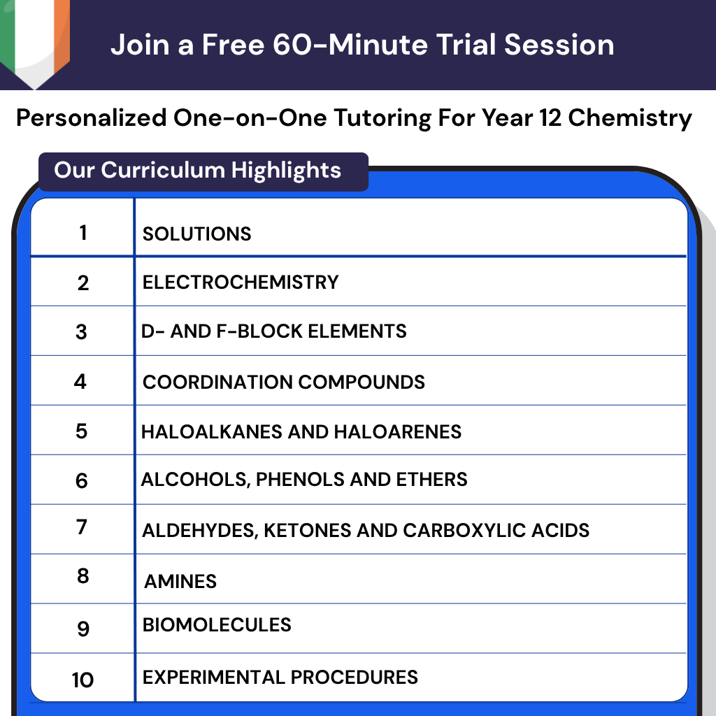 Online Leaving Cert chemistry tutoring in Ireland for Year 12, covering the higher level syllabus including electrochemistry and biomolecules.