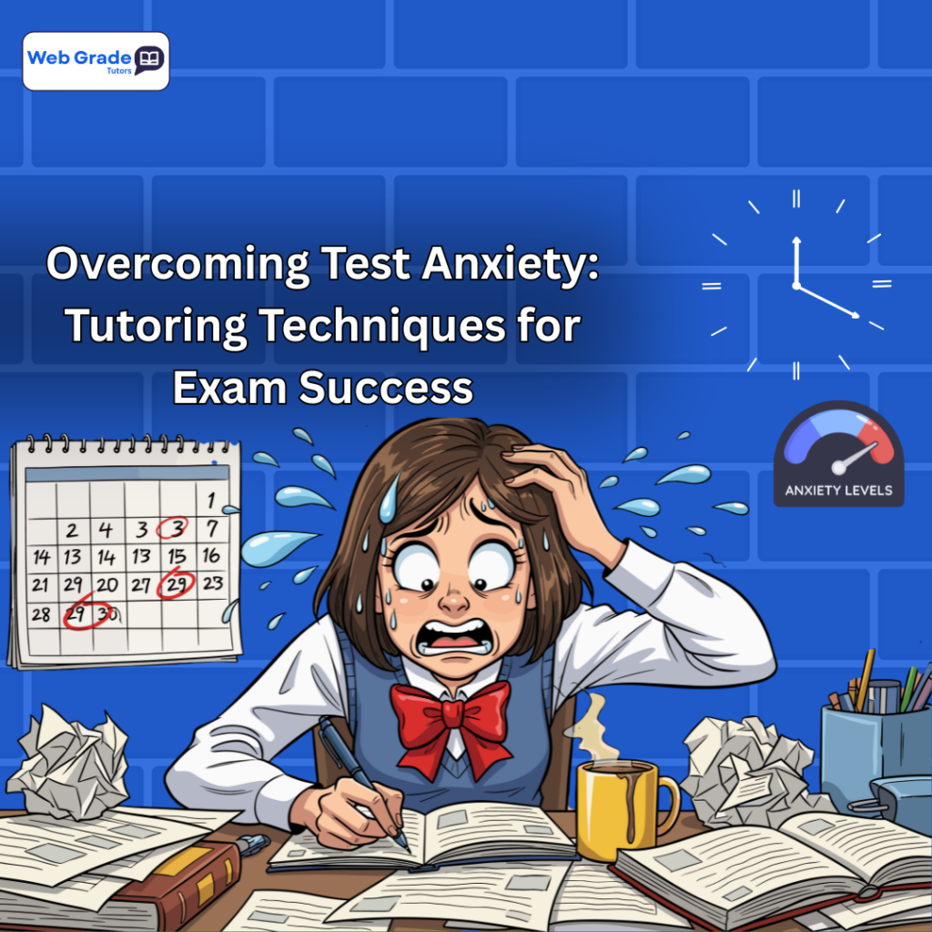 Struggling student learning with WebGrade Tutors, overcoming test anxiety through tutoring for struggling students, exam success strategies, and relaxation techniques for test taking.