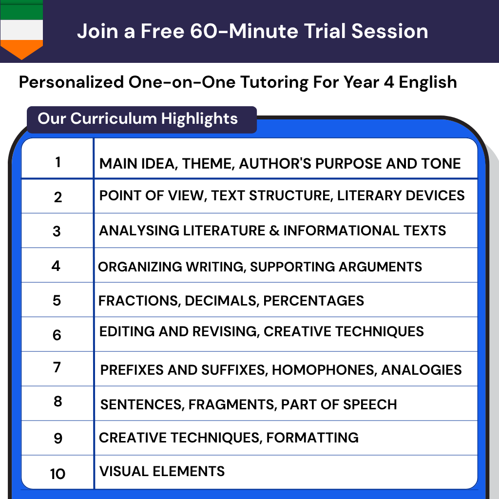 Personalized online English grinds for Year 4 in Ireland. Garda vetted tutors help with reading comprehension and boosting confidence.