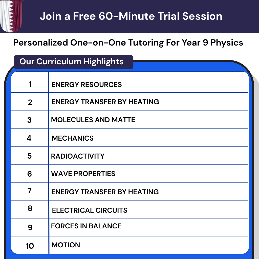 Personalized online Physics tutor for Year 9 in Qatar. Get help with the curriculum, overcome Physics anxiety, and gain conceptual clarity.
