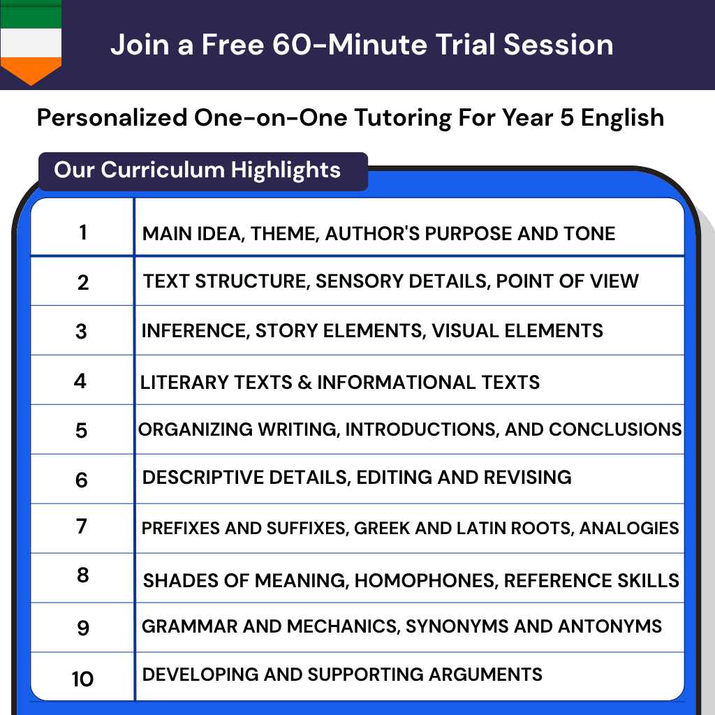 Personalized online English tutoring Year 5 Ireland