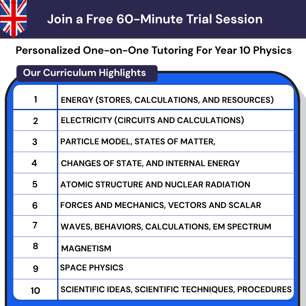 Personalized online Physics tutoring for Year 10 UK, offering GCSE Physics tutoring and exam prep with UK curriculum physics help.