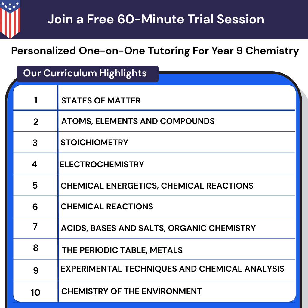 Personalized Online Chemistry Tutoring for Year 9 Students (USA Curriculum) focusing on fundamentals and building student confidence.