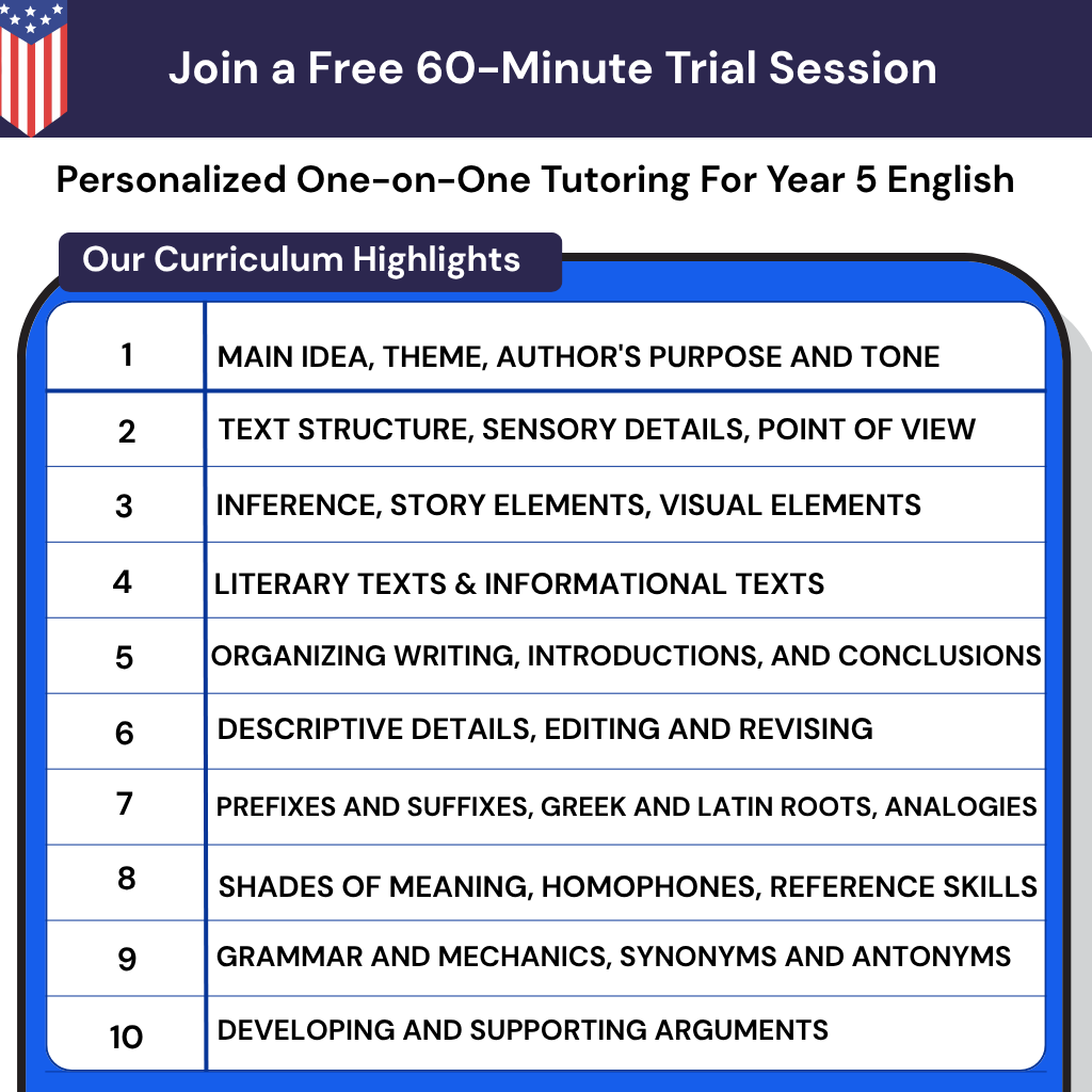 Personalized online English tutoring for Year 5 USA. A child confidence booster for improving 5th-grade reading level and skills.