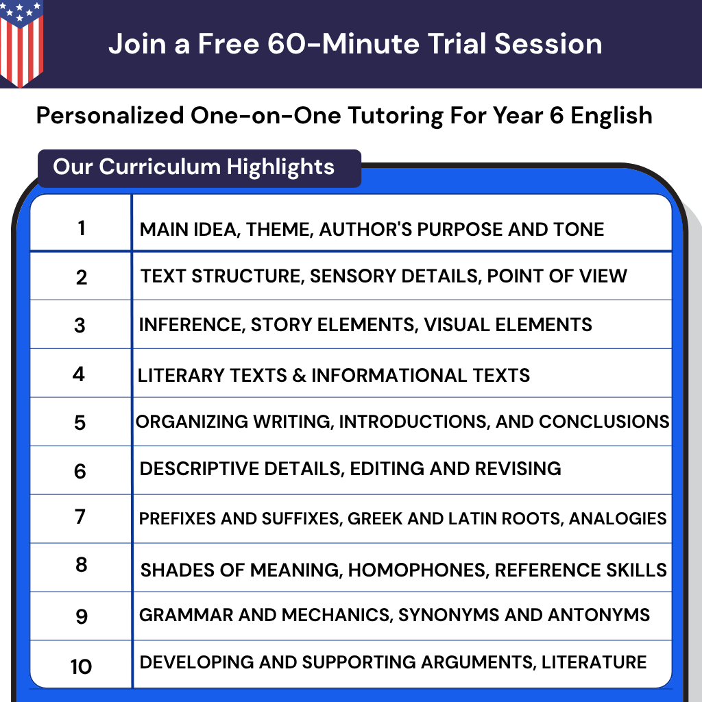 Personalized online English tutoring for 6th graders in the USA. Get structured essay writing help and boost your child's confidence.