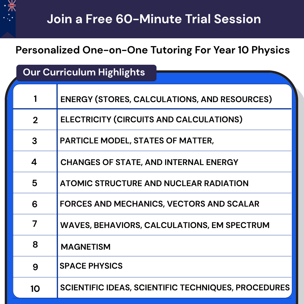 Year 10 Physics tutor in Australia for the Australian curriculum. Online lessons for exam prep, motion and forces, and electric circuits.