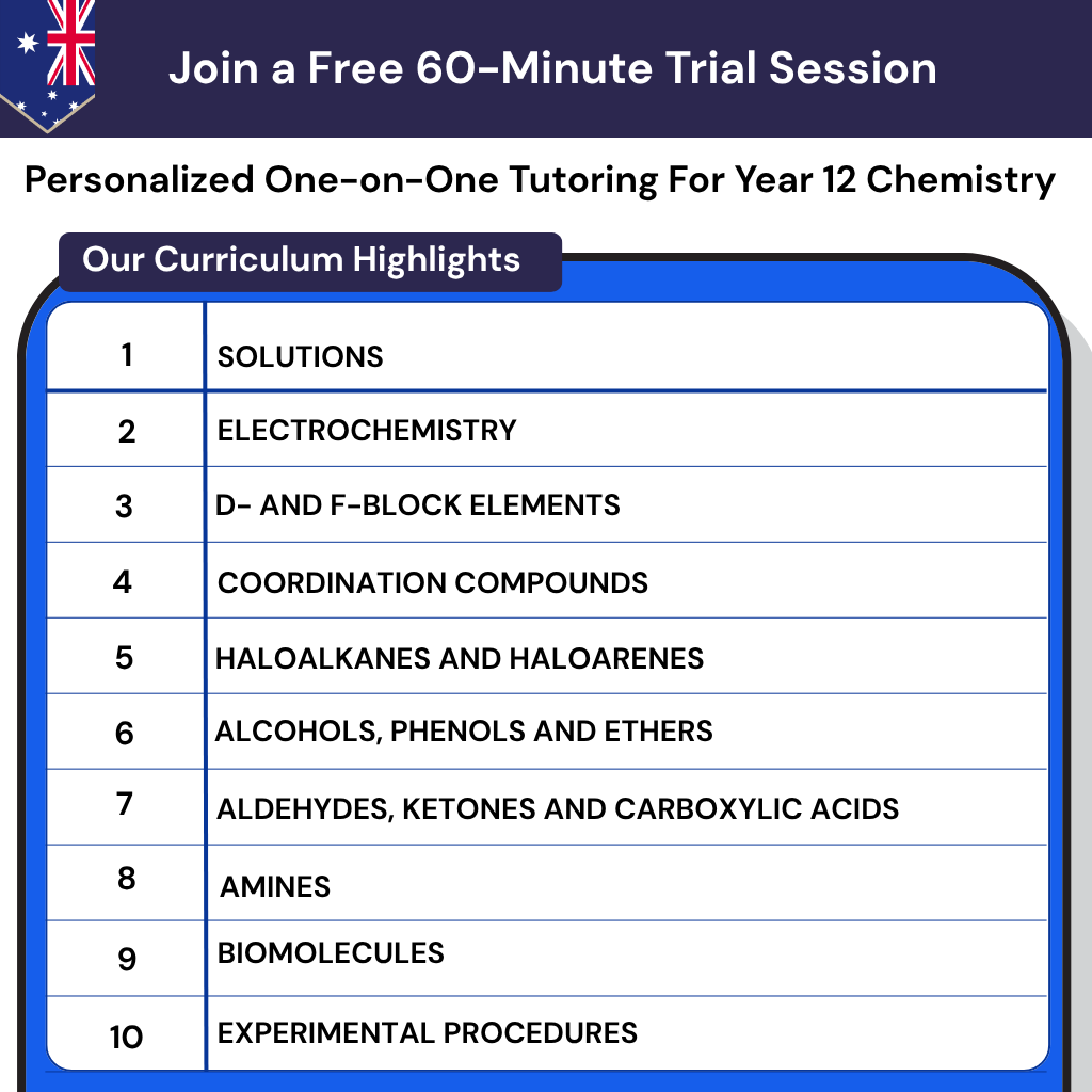 Year 12 Chemistry tutoring for ATAR success in Australia. Online lessons in electrochemistry, organic chemistry, and biomolecules.