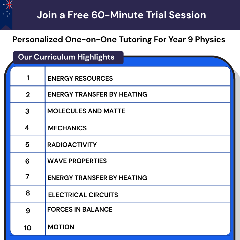 Year 9 Physics tutoring in Australia for the Australian curriculum. Online lessons on forces, motion, energy, and electrical circuits.