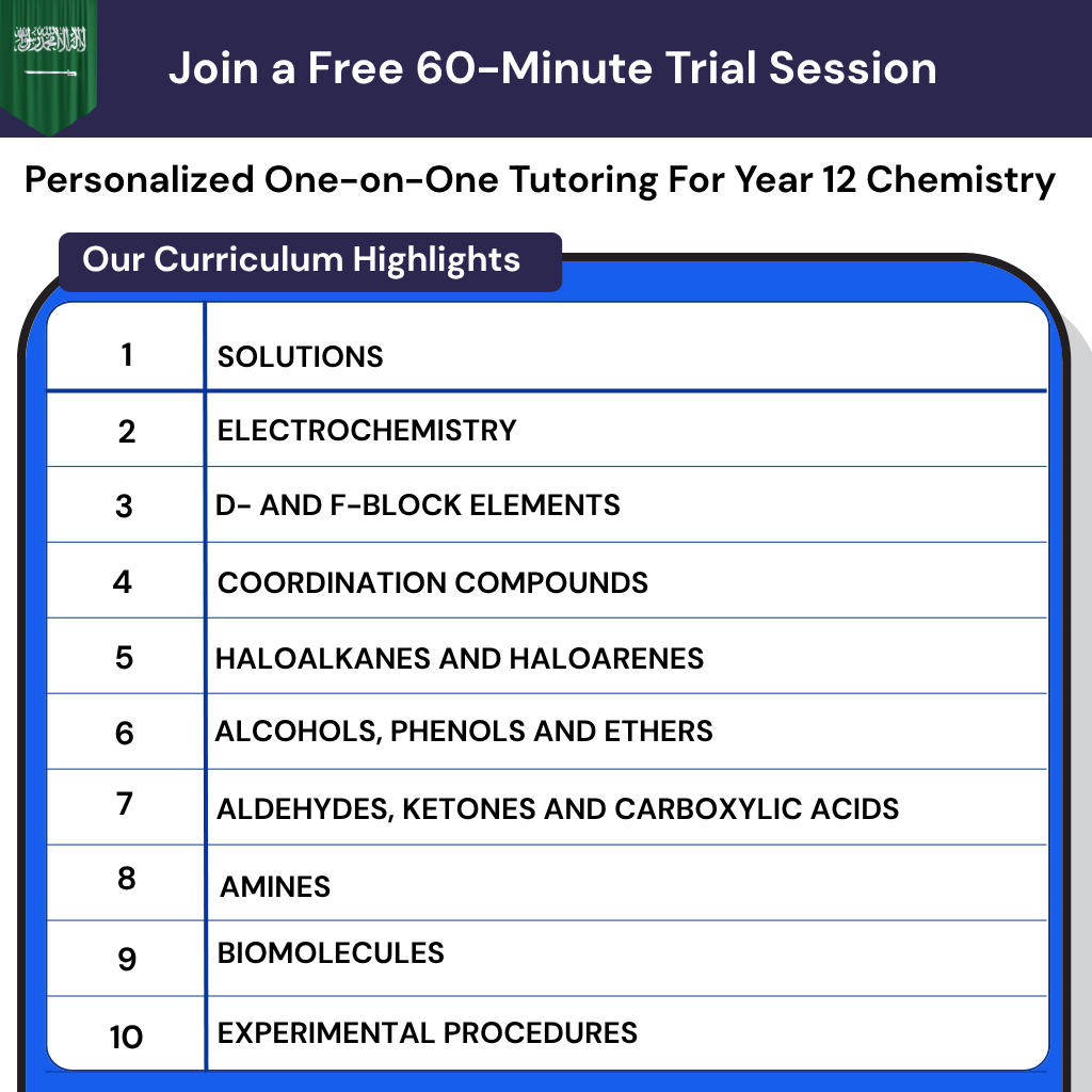 Year 12 Chemistry tutor for the Saudi curriculum. Online lessons for electrochemistry, organic chemistry, and Tahsili exam prep.