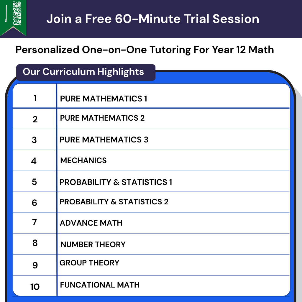 Year 12 Math tutor for the Saudi curriculum. Online lessons for pure math, mechanics, statistics, and Tahsili exam preparation.