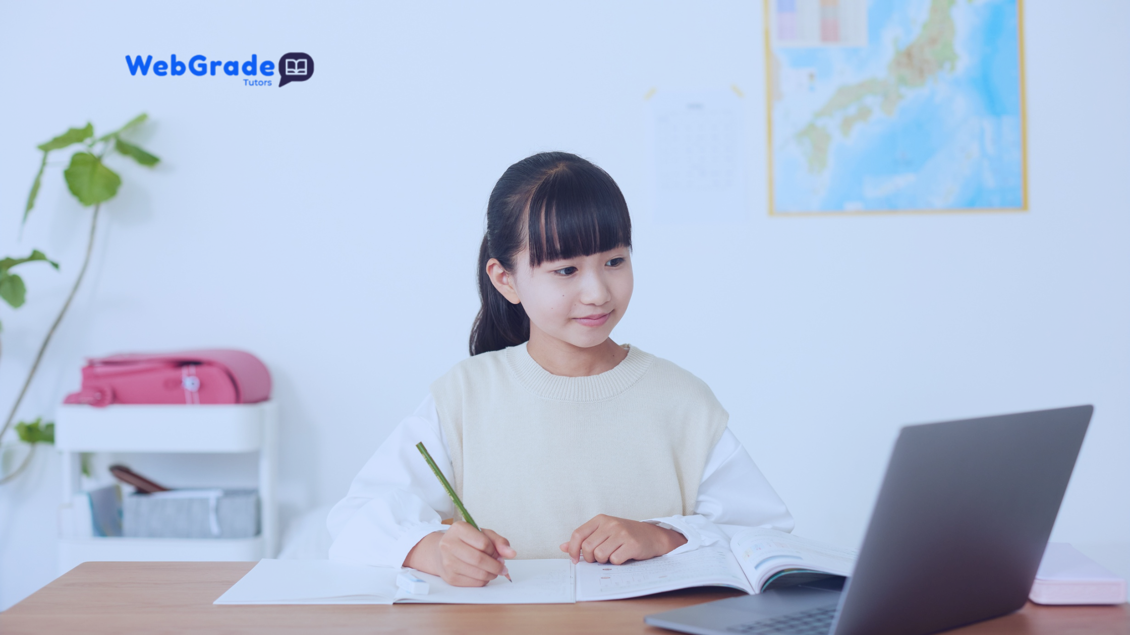 Building Academic Resilience in Children with Online Tutoring showing a student learning with an online tutor on a laptop in a calm study environment