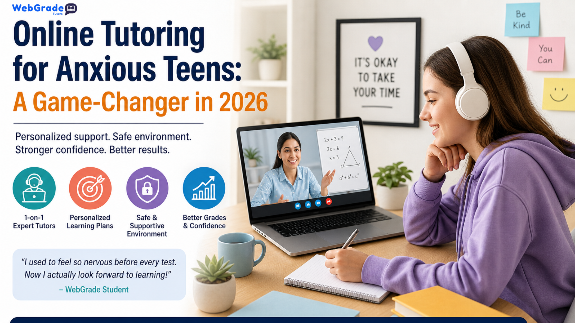 Online tutoring for anxious teens helping a student feel calm and confident during a one-on-one virtual learning session