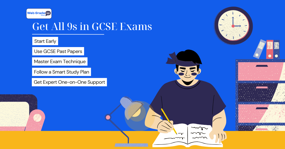 Student revising GCSE past papers using active recall and a structured study plan to achieve Grade 9 exam results.