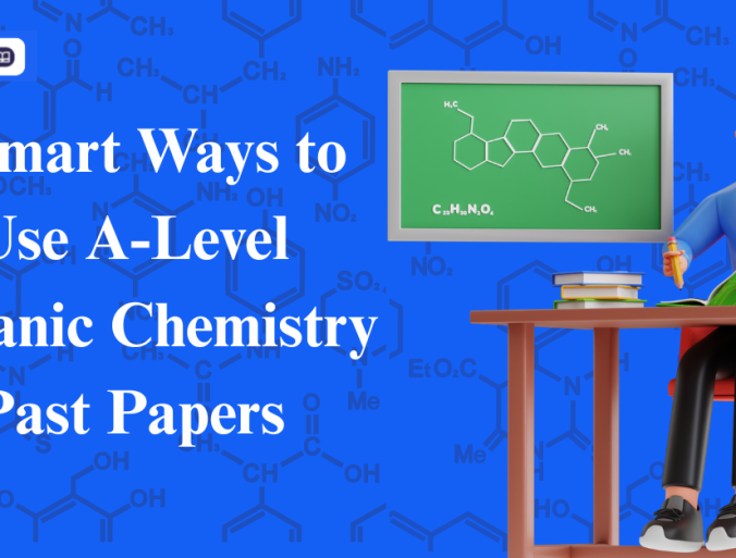 3D cartoon student studying at a desk next to a green chalkboard showing chemical structures, designed as a blog banner titled 7 Smart Ways to Use A-Level Organic Chemistry Past Papers by WebGrade Tutors.