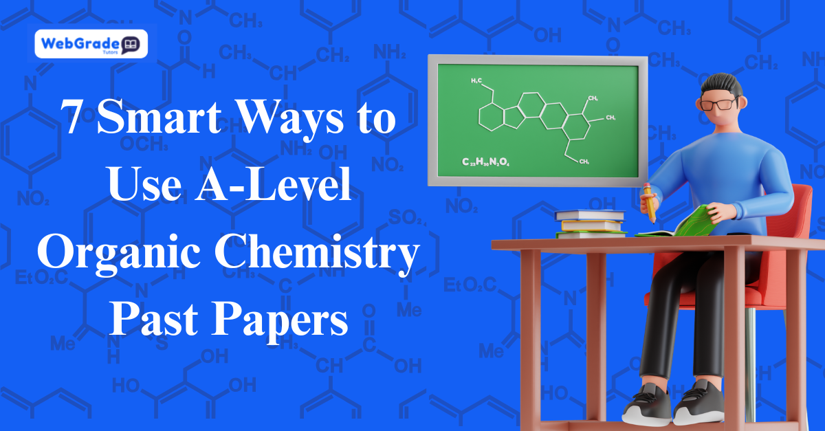3D cartoon student studying at a desk next to a green chalkboard showing chemical structures, designed as a blog banner titled 7 Smart Ways to Use A-Level Organic Chemistry Past Papers by WebGrade Tutors.