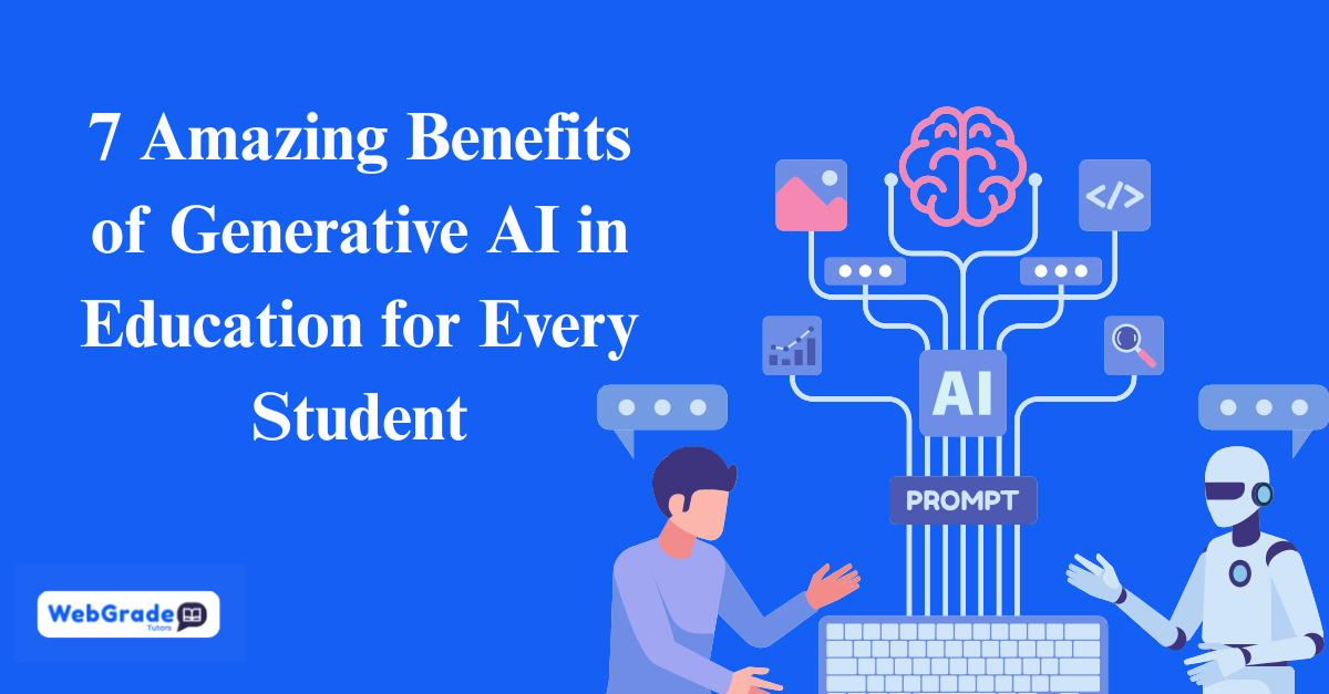 Blog banner for "7 Amazing Benefits of Generative AI in Education for Every Student" featuring a student, an AI robot, and a digital brain graphic.